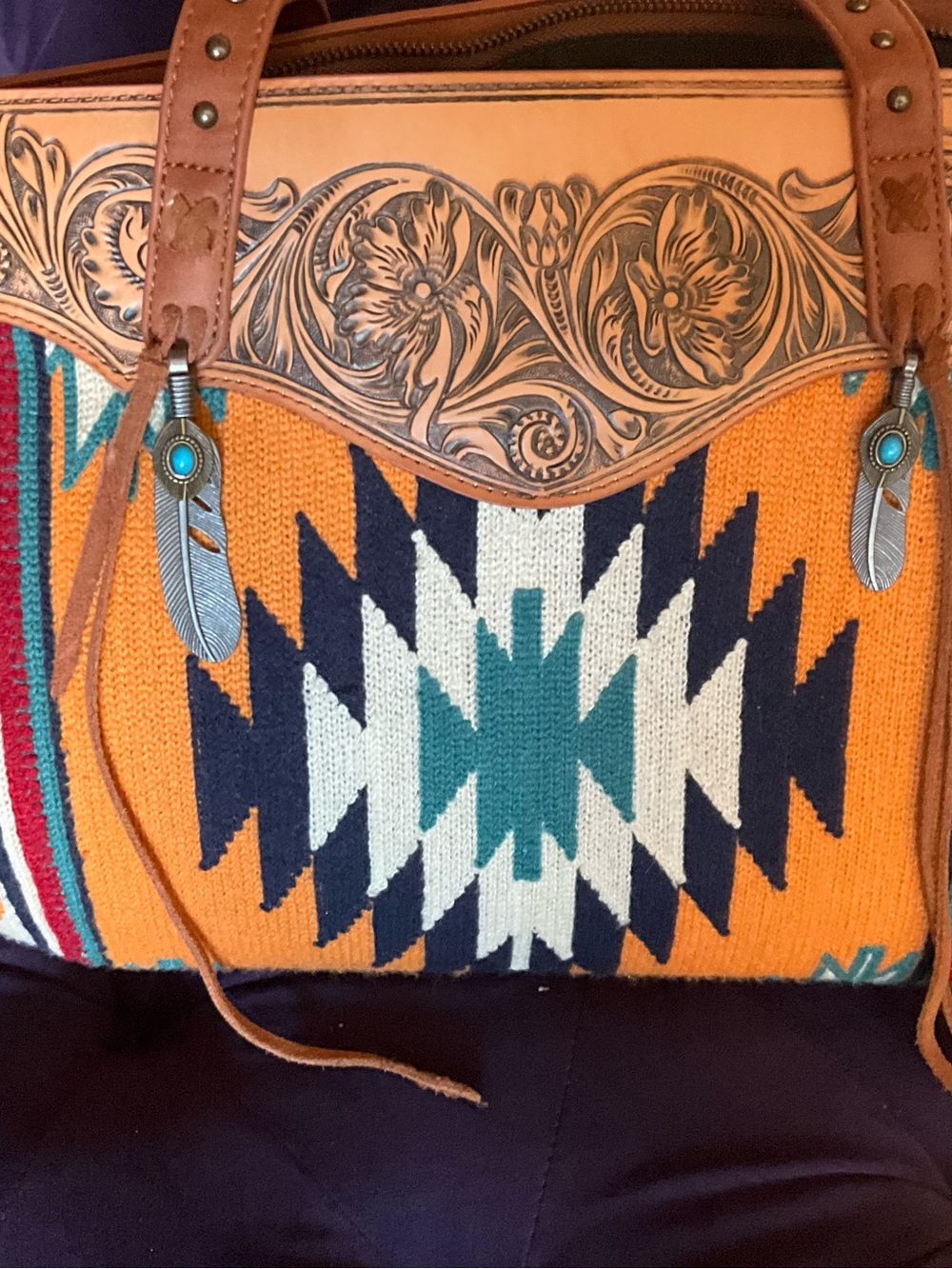 Handcrafted Leather & Woven Aztec Tote in Orange